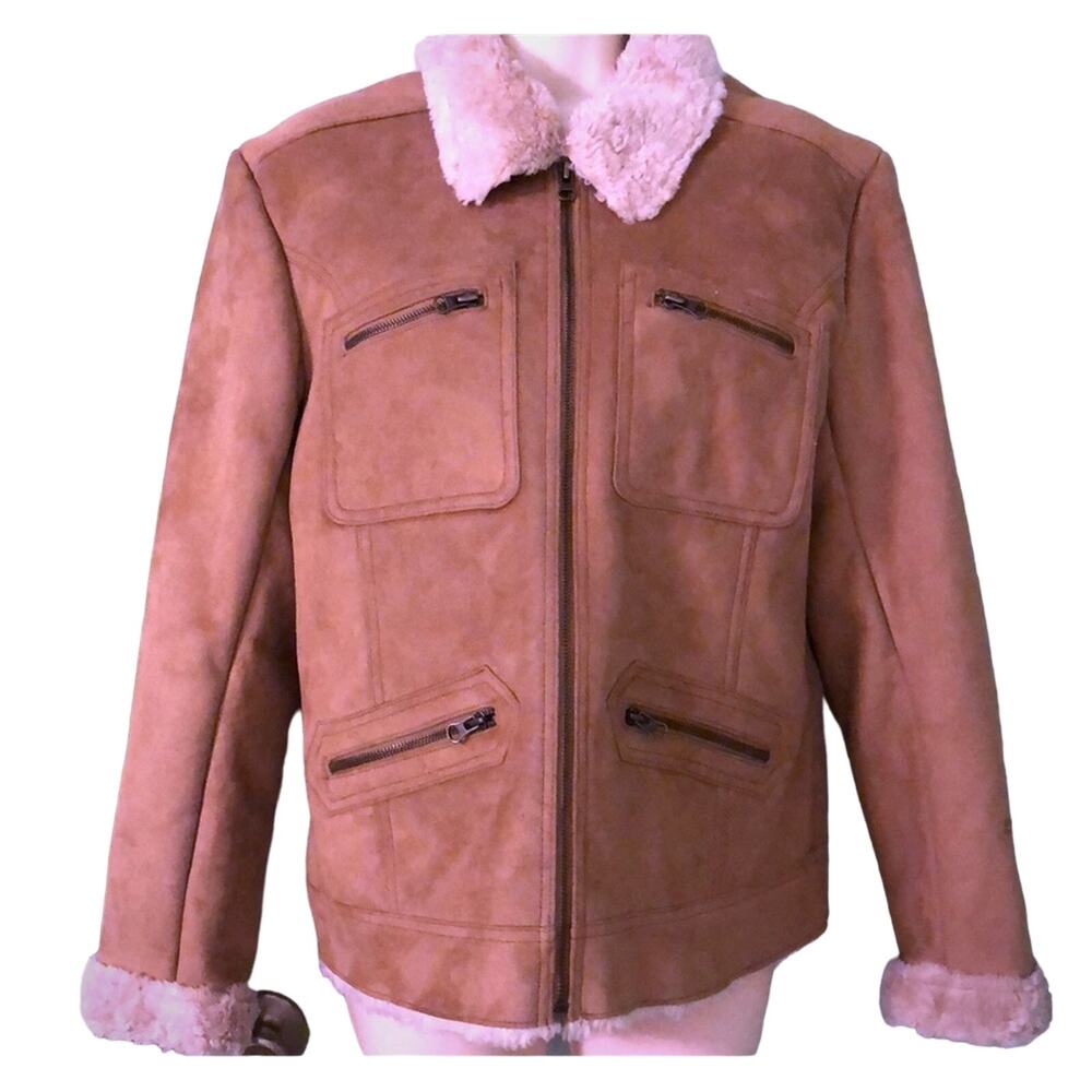 Disney Parks Light brown Faux Suede Embroidered Jacket Sherpa Size Large